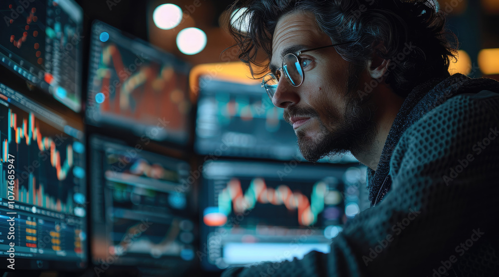 A guy working at a computer, trading stocks, but he is losing money and his expression is not good. A guy working at a computer, trading stocks, but he is losing money and his expression is not good.