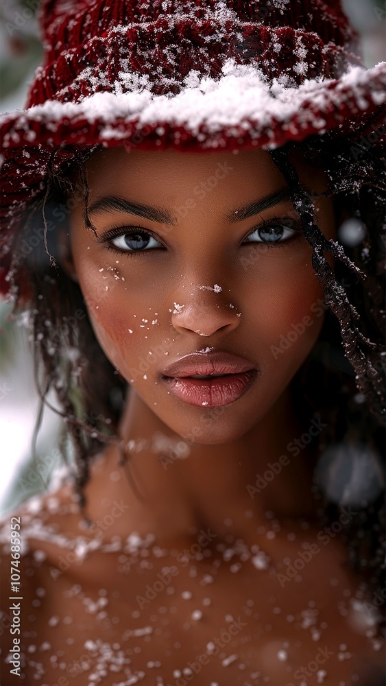 Emphasis on a black princess. Black female wearing a Christmas red hat. Happy New Year. Merry Christmas. Background with flying patterns. Close-up footage of a young woman. Generate AI. Emphasis on a black princess. Black female wearing a Christmas red hat. Happy New Year. Merry Christmas. Background with flying patterns. Close-up footage of a young woman. Generate AI.