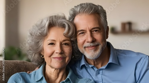 Attractive elderly couple sitting together on a comfortable couch hugging and looking happily at the their peaceful retirement and lifelong love