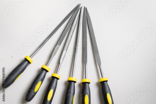 Six different type of hand files for plastics or metal work. Metal file set with plastic handles