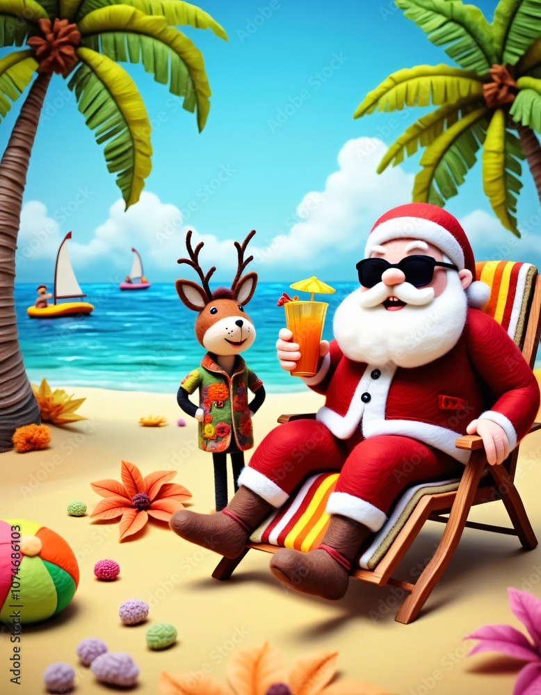 Santa Claus illustration in relaxed style, wearing sunglasses, lying on a beach canvas noon. Santa Claus illustration in relaxed style, wearing sunglasses, lying on a beach canvas noon.