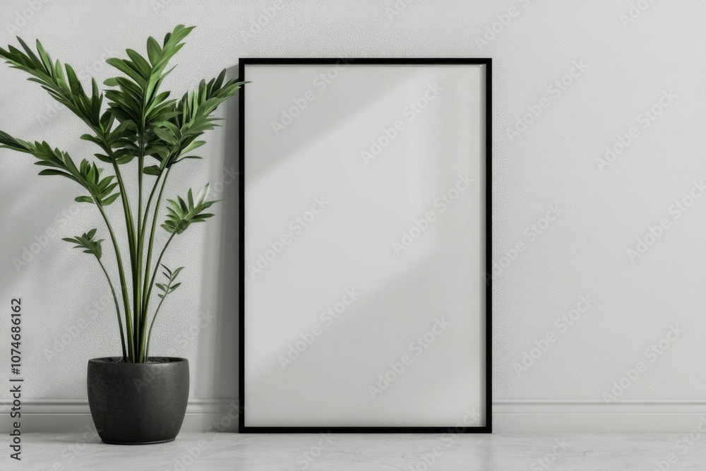 A modern framed mirror hanging on a clean white wall, enhancing the contemporary interior design style. A modern framed mirror hanging on a clean white wall, enhancing the contemporary interior design style.