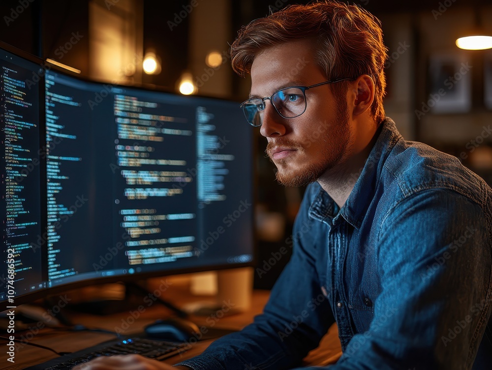 Developer working on a visually appealing app interface with bright colors on multiple screens Developer working on a visually appealing app interface with bright colors on multiple screens