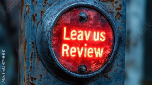 Rusty metal sign reads 'Leave us Review' in red glow. photo