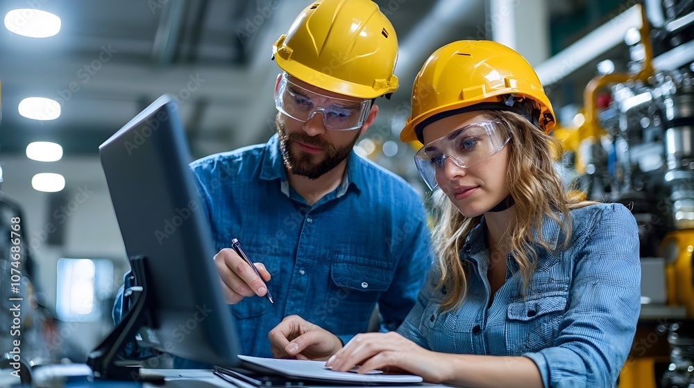 Two engineers a man and a woman wearing safety helmets are reviewing data on a computer notebook in an engine room setting Two engineers a man and a woman wearing safety helmets are reviewing data on a computer notebook in an engine room setting