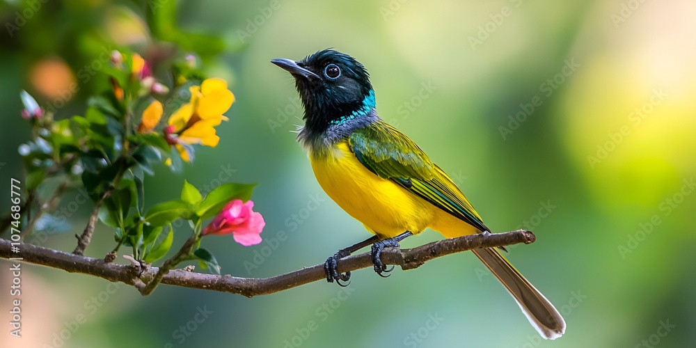 Fototapeta premium Vibrant Yellow Bird with Green Feathers on Floral Branch