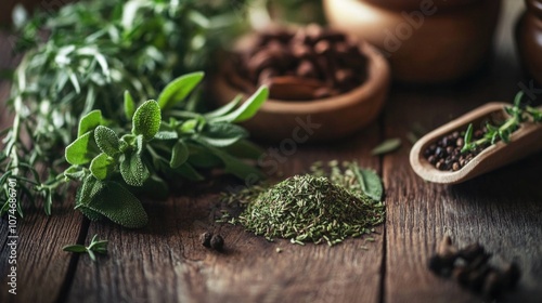 Herbs and spices on a wooden surface.