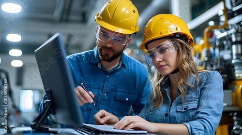 Two engineers a man and a woman wearing safety helmets are reviewing data on a computer notebook in an engine room setting