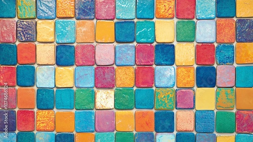 A wall of colorful square tiles.