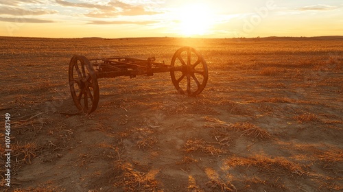 Decay of Rural Agriculture: Abandoned Field with Overgrown Weeds and Dilapidated Farming Equipment at Sunset