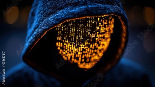 Closeup of a programmer in a hoodie, illuminated by screens displaying fastmoving code, focus on secrecy, focus on, hacker aesthetic, futuristic, Multilayer, dark office backdrop photo