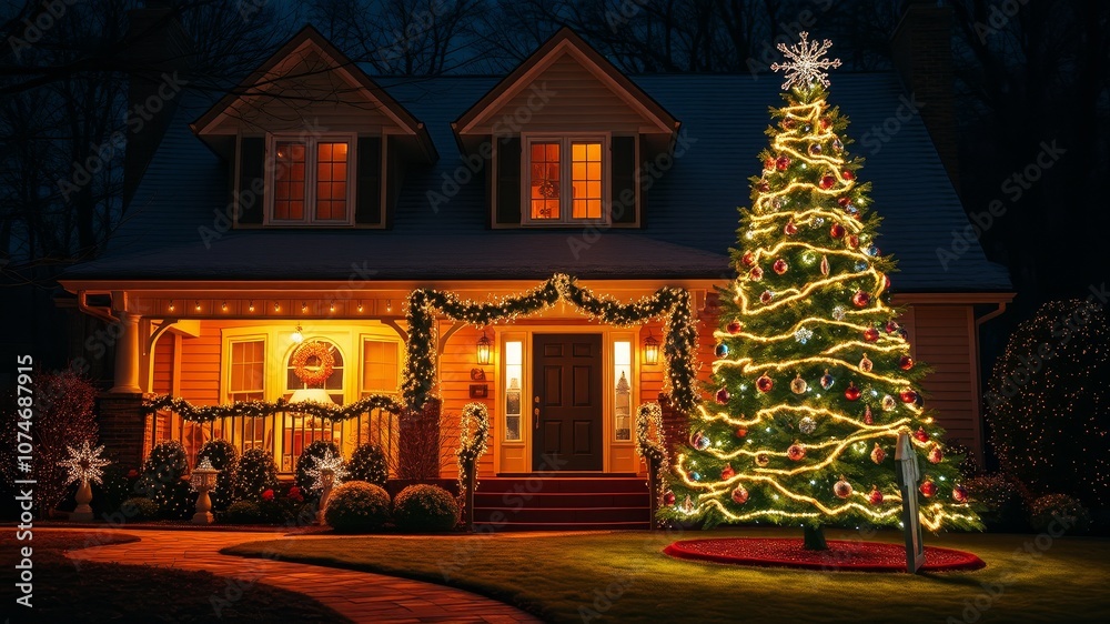 Fototapeta premium Cozy Illuminated House Surrounded by Sparkling Lights - Magical Drone Photography