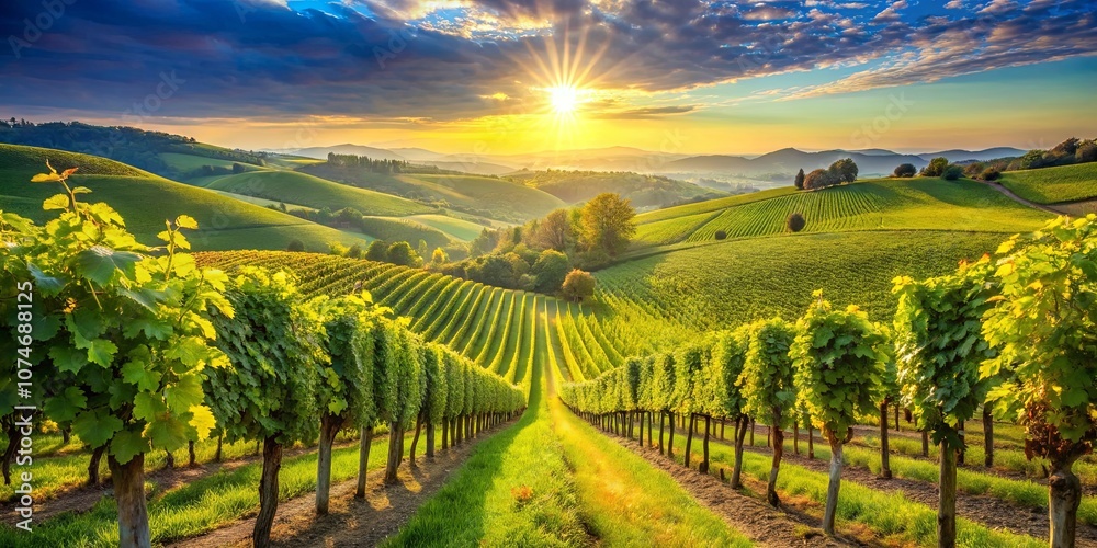 Naklejka premium Sun-kissed vineyard rows bathed in golden light, a picturesque landscape with rolling hills and vibrant greenery, a breathtaking panorama showcasing the beauty of nature's bounty.