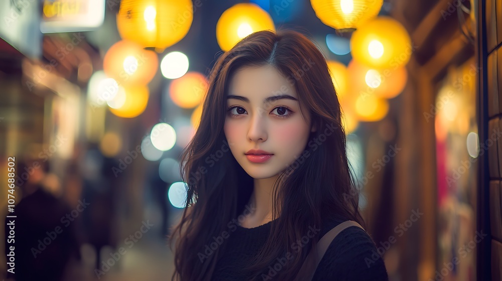 A young woman with long dark hair stands in a street lit by warm, yellow lights. A young woman with long dark hair stands in a street lit by warm, yellow lights.