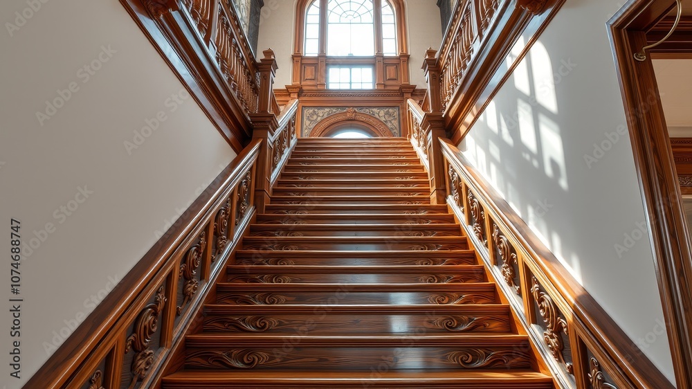 Obraz premium Elegant Wooden Staircase in Luxury Home Interior Design - High Resolution Photography