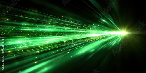 Vivid Green Light Rays and Particles Creating a Dynamic Abstract Background for Technology, Science, and Fantasy Themes, Ideal for Visual Media and Graphic Design Projects