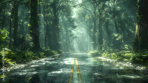 Sunlit forest road after rain photo