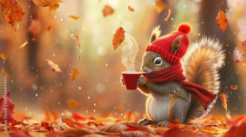 A cute squirrel wearing a red scarf and hat A cute squirrel wearing a red scarf and hat