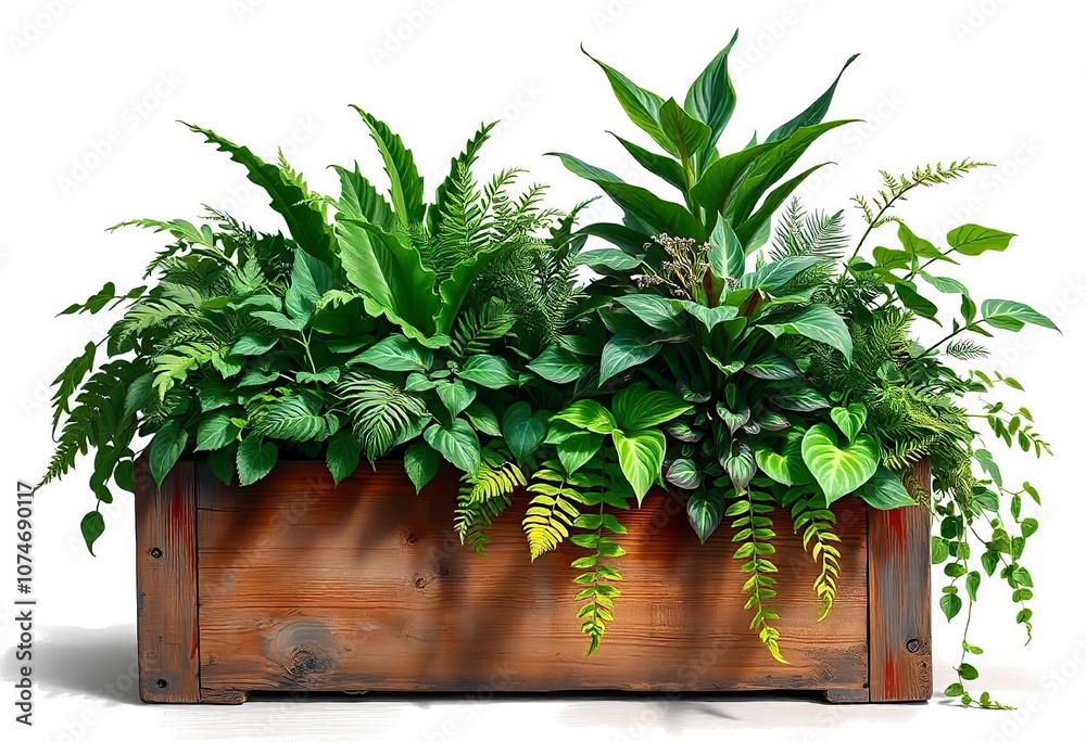Vibrant Indoor Plant Arrangement in Wooden Planter Box - Lush Greenery and Natural Decor for Home Interiors Vibrant Indoor Plant Arrangement in Wooden Planter Box - Lush Greenery and Natural Decor for Home Interiors