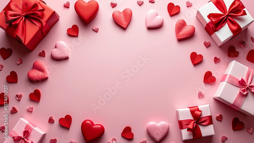 A festive Valentine's Day scene on a pink background. Heart-shaped decorations and wrapped gifts are placed around the edges of the frame, leaving a central empty space.