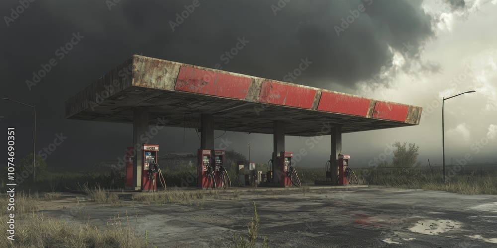 Fototapeta premium Decay of Transportation and Economy: Abandoned Gas Station with Rusting Pumps Under Dramatic Clouds