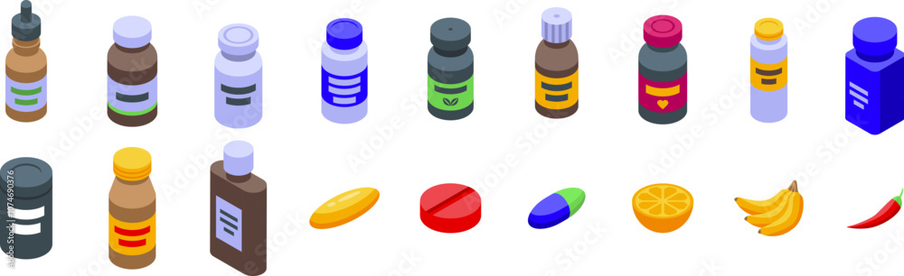 Bottle vitamin supplement icons set. Isometric set of various supplement bottles, pills, capsules, and healthy food representing vitamins and minerals for a balanced lifestyle Bottle vitamin supplement icons set. Isometric set of various supplement bottles, pills, capsules, and healthy food representing vitamins and minerals for a balanced lifestyle