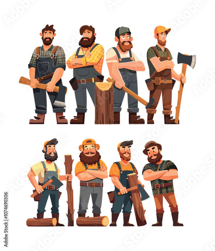 Cartoon lumberjack team. Group of bearded mans woodcutters in overalls with axes forest workers, male cute rednecks timberman characters logging staff personnel, isolated vector illustrations