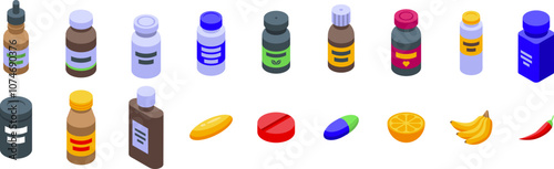 Bottle vitamin supplement icons set. Isometric set of various supplement bottles, pills, capsules, and healthy food representing vitamins and minerals for a balanced lifestyle
