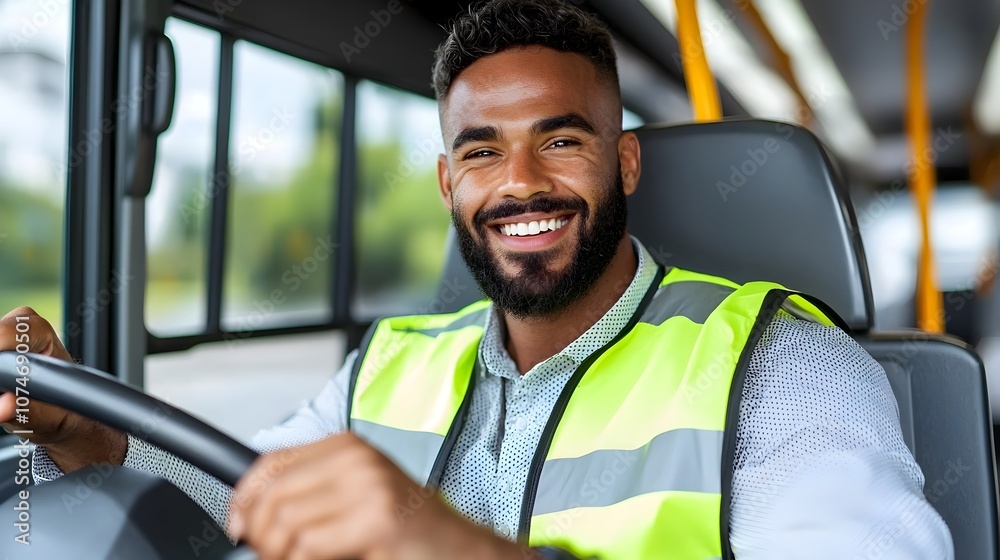 Closeup of a Cheerful and Smiling Bus Driver Steering the Wheel and Enjoying the Drive During a Transit Commute Closeup of a Cheerful and Smiling Bus Driver Steering the Wheel and Enjoying the Drive During a Transit Commute
