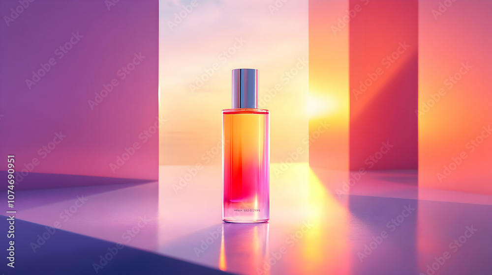Glass Perfume Bottle on a Pink and Orange Background - 3D Illustration Glass Perfume Bottle on a Pink and Orange Background - 3D Illustration