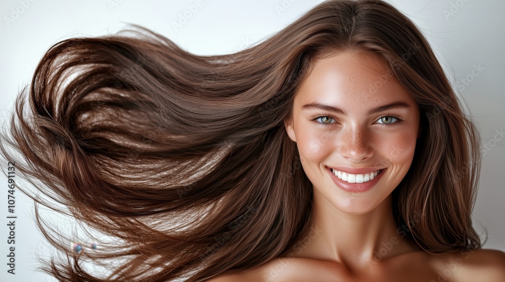 A young woman with silky, flowing brunette hair, glowing skin, and a radiant smile, exuding charm and confidence in a close-up portrait A young woman with silky, flowing brunette hair, glowing skin, and a radiant smile, exuding charm and confidence in a close-up portrait