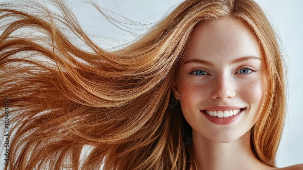 Fototapeta premium A vibrant young woman with bright red flowing hair, radiant skin, freckles, and a cheerful smile, posing against a softly lit neutral background in a close-up portrait.