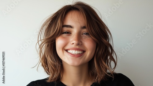 A cheerful young woman with short wavy brown hair, glowing skin, freckles, and a radiant smile, captured in a natural light close-up against a neutral background.