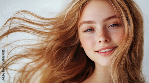 A young woman with flowing blonde hair, freckles, glowing skin, and a gentle smile, captured in a close-up with soft lighting and a neutral background, exuding charm and serenity.