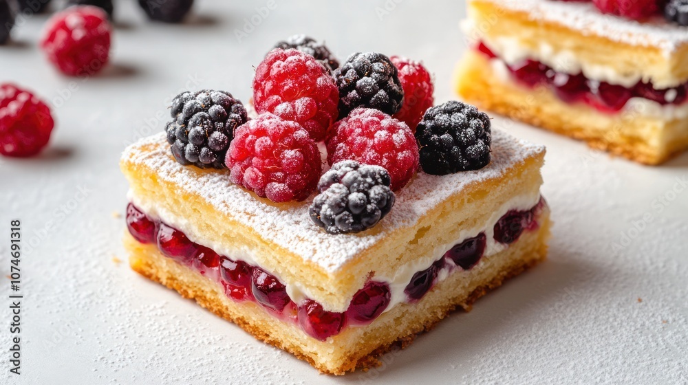 two square tart with blackberries and raspberries on top, on a light grey background, food photography. two square tart with blackberries and raspberries on top, on a light grey background, food photography.