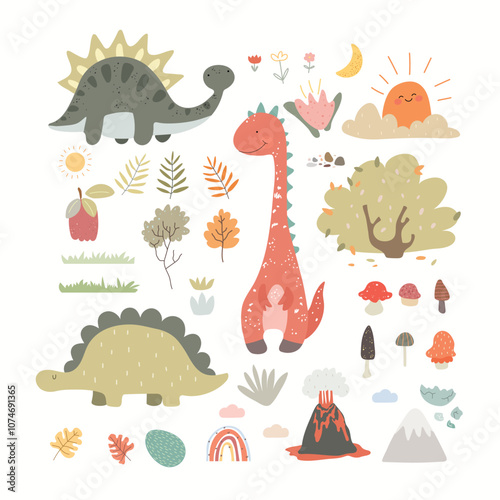 Dinosaurs vector set in cartoon Scandinavian style. A colorful cute children's illustration is perfect for a child's room.