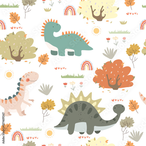 Dino friends. Funny cartoon dinosaurs, rainbows, and plants. Cute t rex, characters. Hand drawn vector doodle set for kids. Good for textiles, nursery, wallpapers, wrapping paper, clothes. 