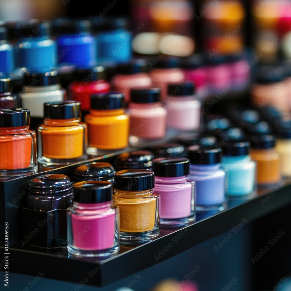Colorful makeup and nail polish jars on display in the beauty salon. Colorful makeup and nail polish jars on display in the beauty salon.