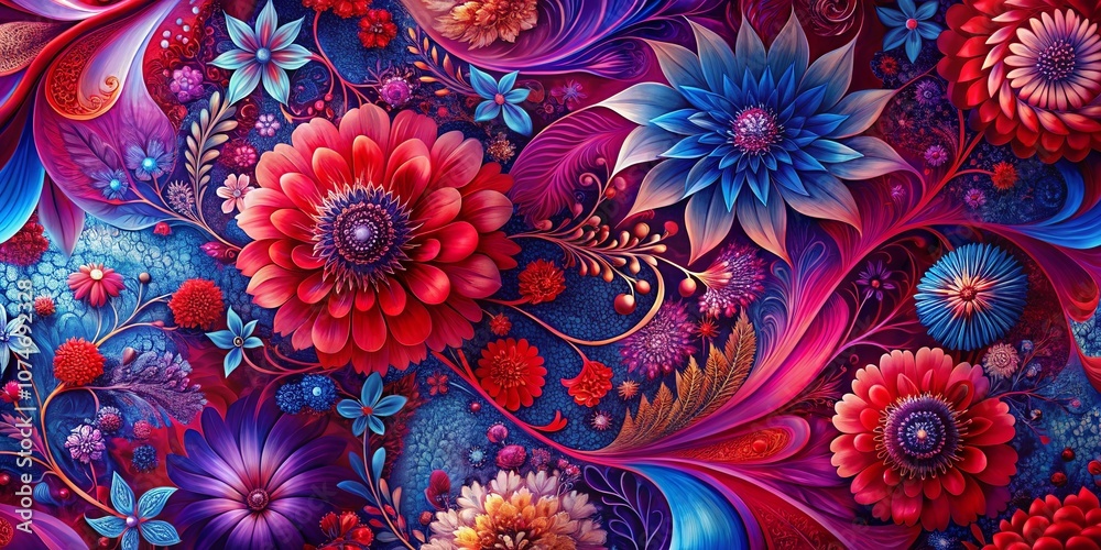 Vibrant Floral Symphony A Tapestry of Red, Blue, and Purple Blooms with Intricate Swirling Details Vibrant Floral Symphony A Tapestry of Red, Blue, and Purple Blooms with Intricate Swirling Details