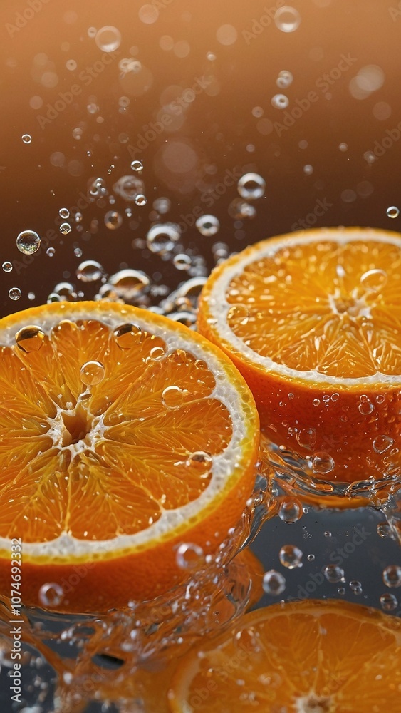 Vibrant close up photography of a juicy orange fruit slices floating in fresh clean water. Macro photo background of a citrus covered in dew droplets. Vibrant close up photography of a juicy orange fruit slices floating in fresh clean water. Macro photo background of a citrus covered in dew droplets.