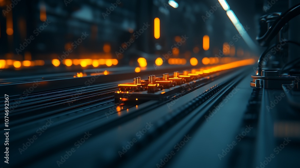 A close-up view of illuminated tracks in a futuristic setting, showcasing vibrant orange lights against dark, industrial surroundings. A close-up view of illuminated tracks in a futuristic setting, showcasing vibrant orange lights against dark, industrial surroundings.