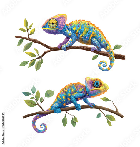 Chameleon cartoon vector illustration. Branch leaves rainbow motley reptile spotted lizard, iguana decorative animal wildlife gecko home pet, insects hunter cute creature, isolated on white backdrop