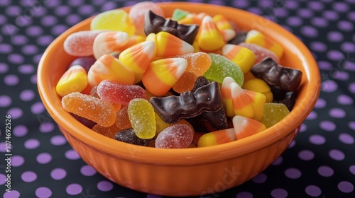 A close-up of a ceramic orange bowl filled with assorted Halloween candies, including candy corn, gummy bats, and mini chocolate pumpkins, on a black and purple polka-dotted tablecloth.