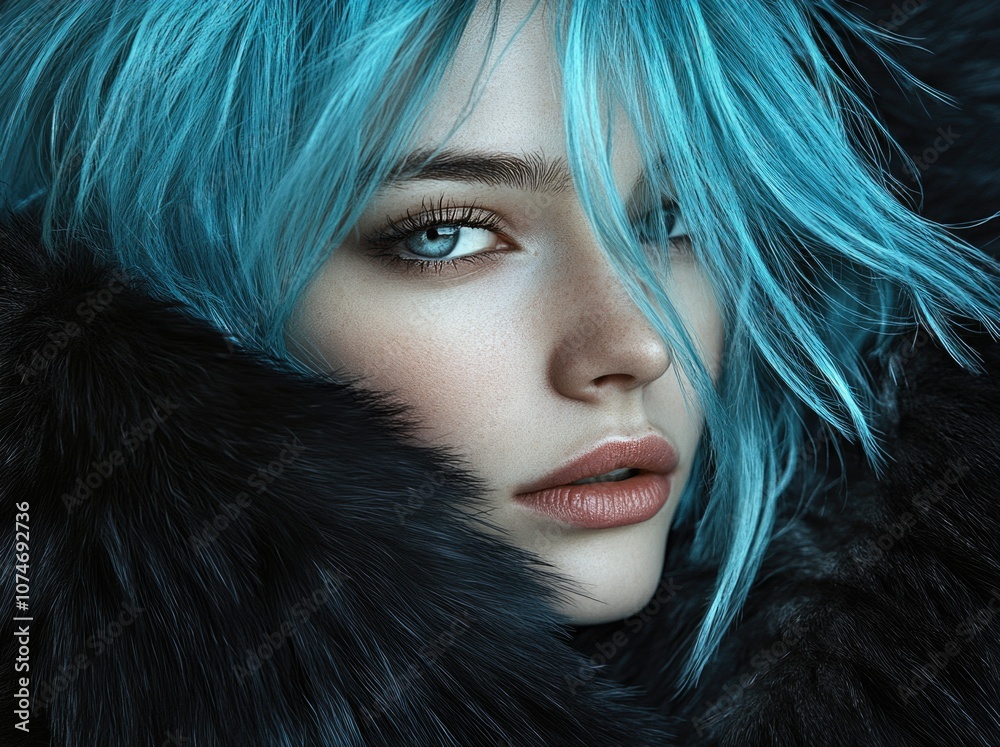 Fashion portrait of a woman with blue hair, wearing a fur coat, isolated on a black background. Fashion portrait of a woman with blue hair, wearing a fur coat, isolated on a black background.