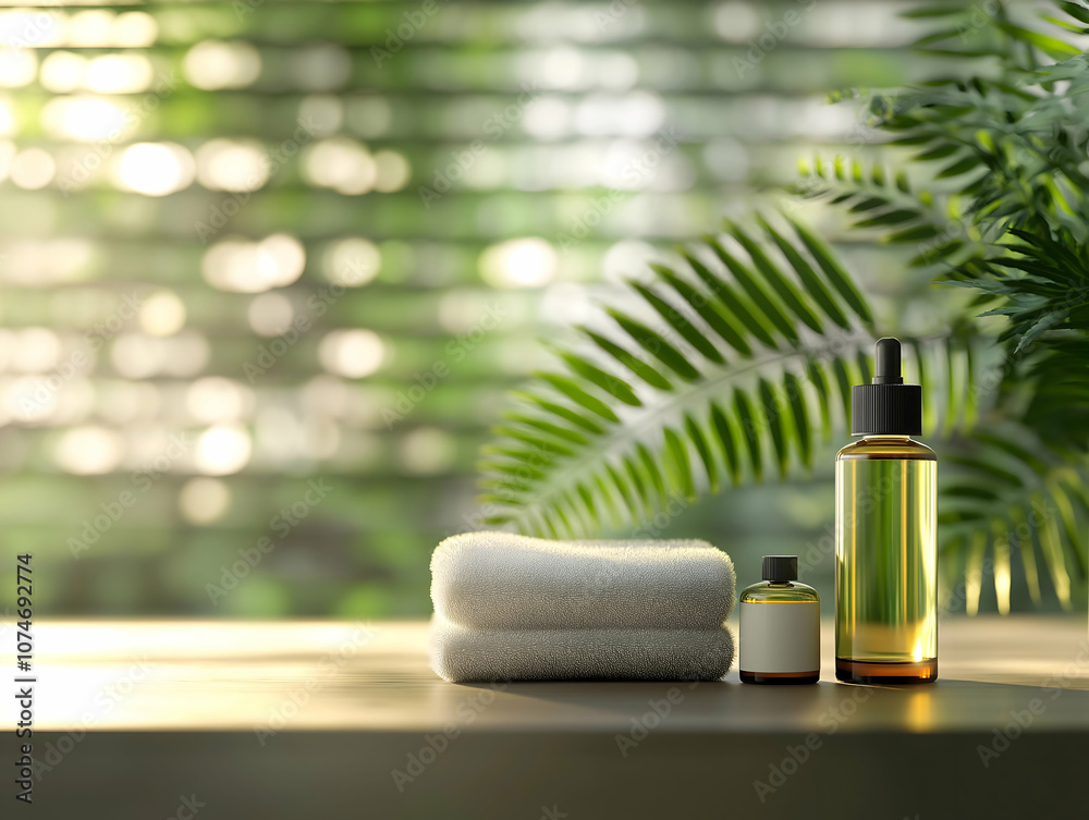 A serene wellness setup featuring essential oils, a soft towel, and lush greenery, creating a calming atmosphere. A serene wellness setup featuring essential oils, a soft towel, and lush greenery, creating a calming atmosphere.