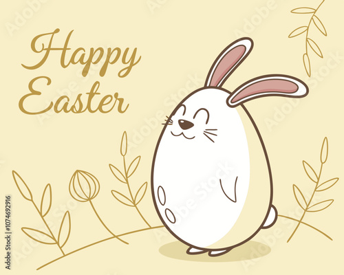 A whimsical white egg with rabbit ears stands cheerfully against a bright yellow background, celebrating Easter in a playful manner