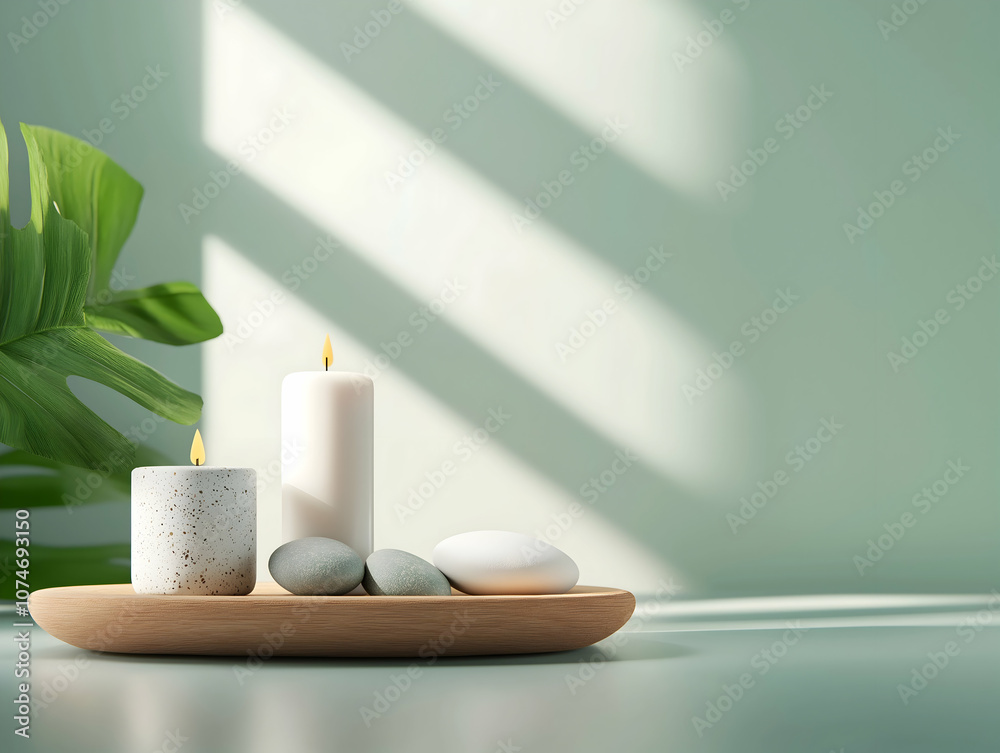 A serene arrangement of candles and smooth stones on a wooden tray, set against a soft green background with gentle shadows. A serene arrangement of candles and smooth stones on a wooden tray, set against a soft green background with gentle shadows.