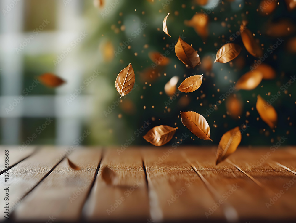 Floating autumn leaves gracefully hover above a wooden surface, capturing the essence of seasonal change in a serene and inviting atmosphere.