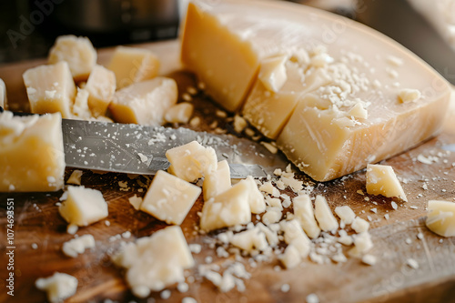 Selective focus of soft dorblu pressed by knife next to pieces of grana padano on cutting board photo