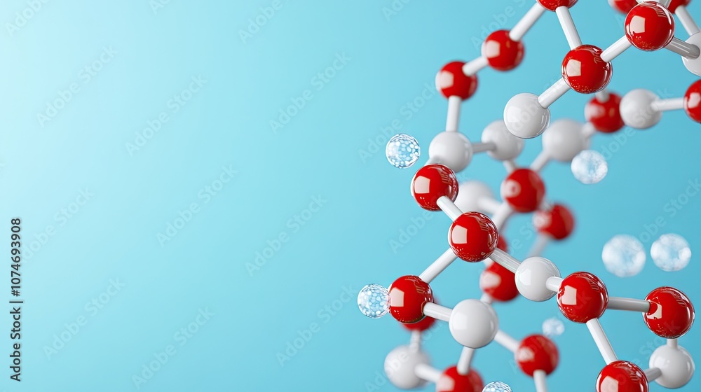 Dynamic 3D rendering of a DNA structure with vibrant red molecules on a serene blue background showcasing intricate details